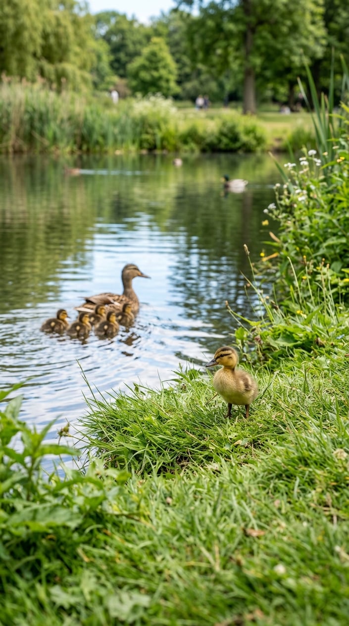 23 Short Moral Stories for Kids That Don't Hit Them Over the Head With a Lesson 12 A young duckling standing alone near a pond, separated from a group of ducklings following a mother duck.