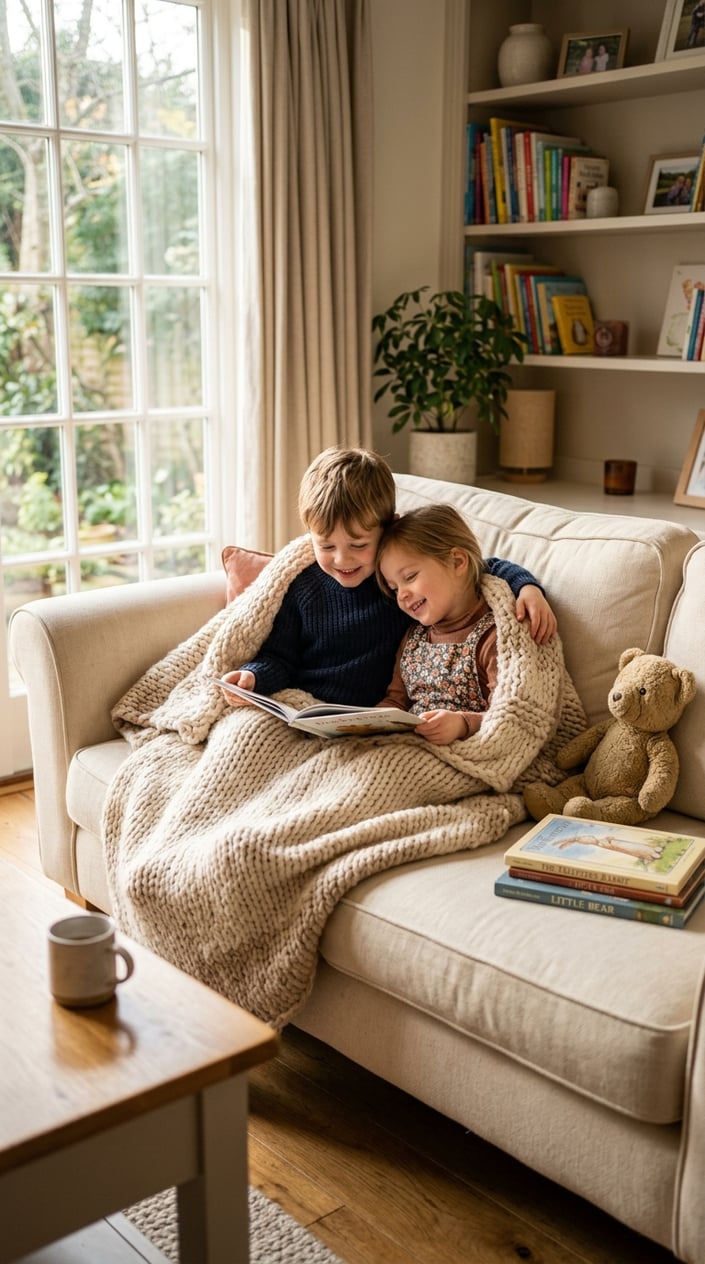 23 Short Moral Stories for Kids That Don't Hit Them Over the Head With a Lesson 13 Two children sitting closely together under a blanket in a cozy living room, sharing a quiet and comforting moment.