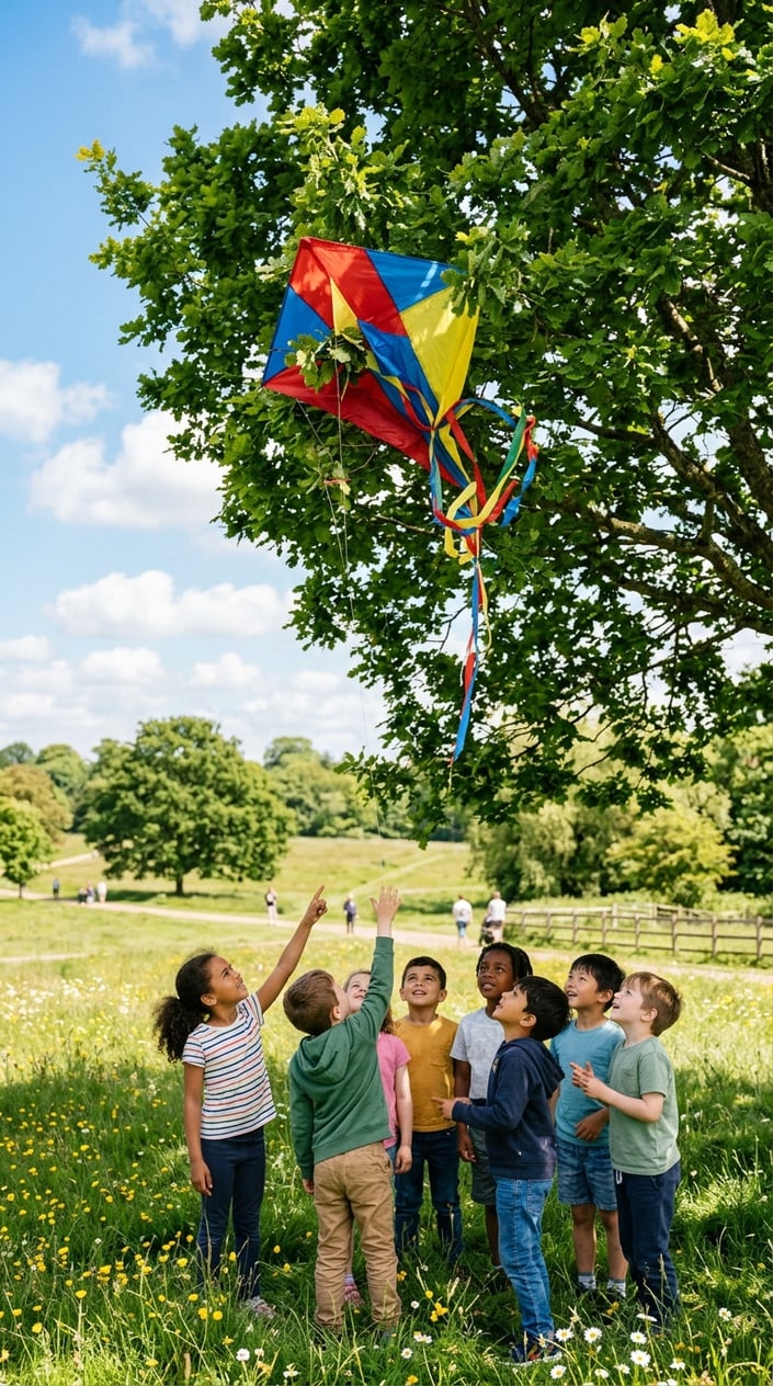 23 Short Moral Stories for Kids That Don't Hit Them Over the Head With a Lesson 14 A colorful kite tangled in a tree with children looking up and trying to help in a sunny park.