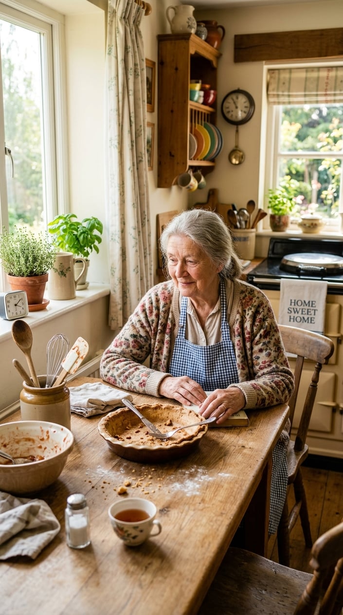 23 Short Moral Stories for Kids That Don't Hit Them Over the Head With a Lesson 15 An elderly woman in a cozy kitchen looking thoughtfully at an empty pie dish on a wooden table with baking utensils nearby.