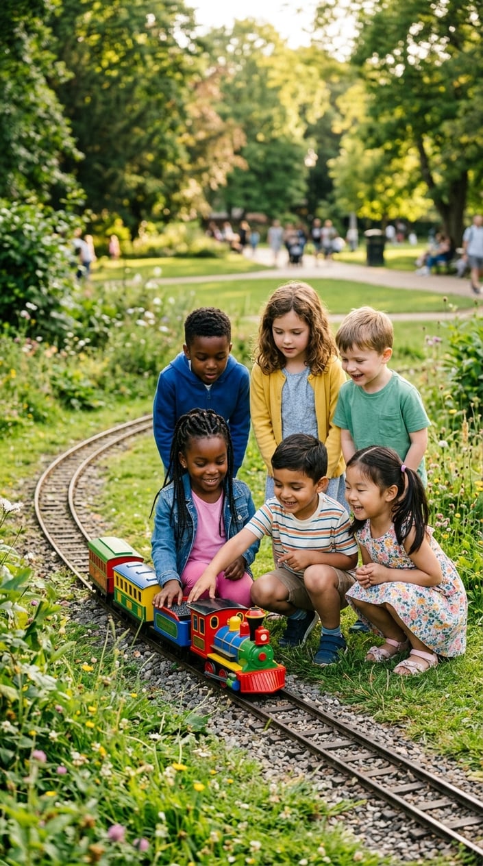23 Short Moral Stories for Kids That Don't Hit Them Over the Head With a Lesson 16 A small toy train stopped on tracks with a group of young children gathered around it, smiling and interacting.