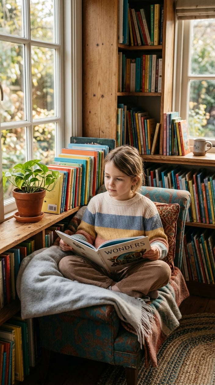 23 Short Moral Stories for Kids That Don't Hit Them Over the Head With a Lesson 17 A young girl sitting quietly in a cozy reading nook, reading a book with a calm and thoughtful expression.