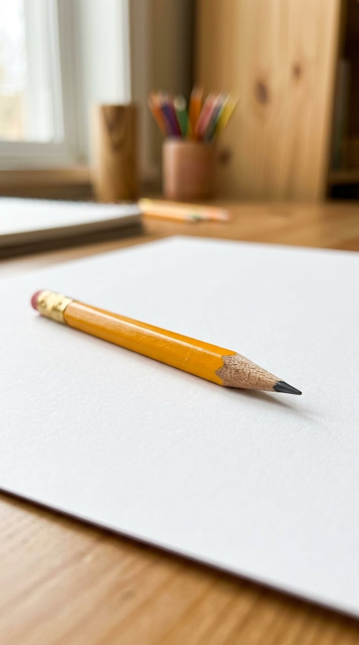 23 Short Moral Stories for Kids That Don't Hit Them Over the Head With a Lesson 18 A close-up of a sharpened yellow pencil resting on a white sheet of paper on a desk.