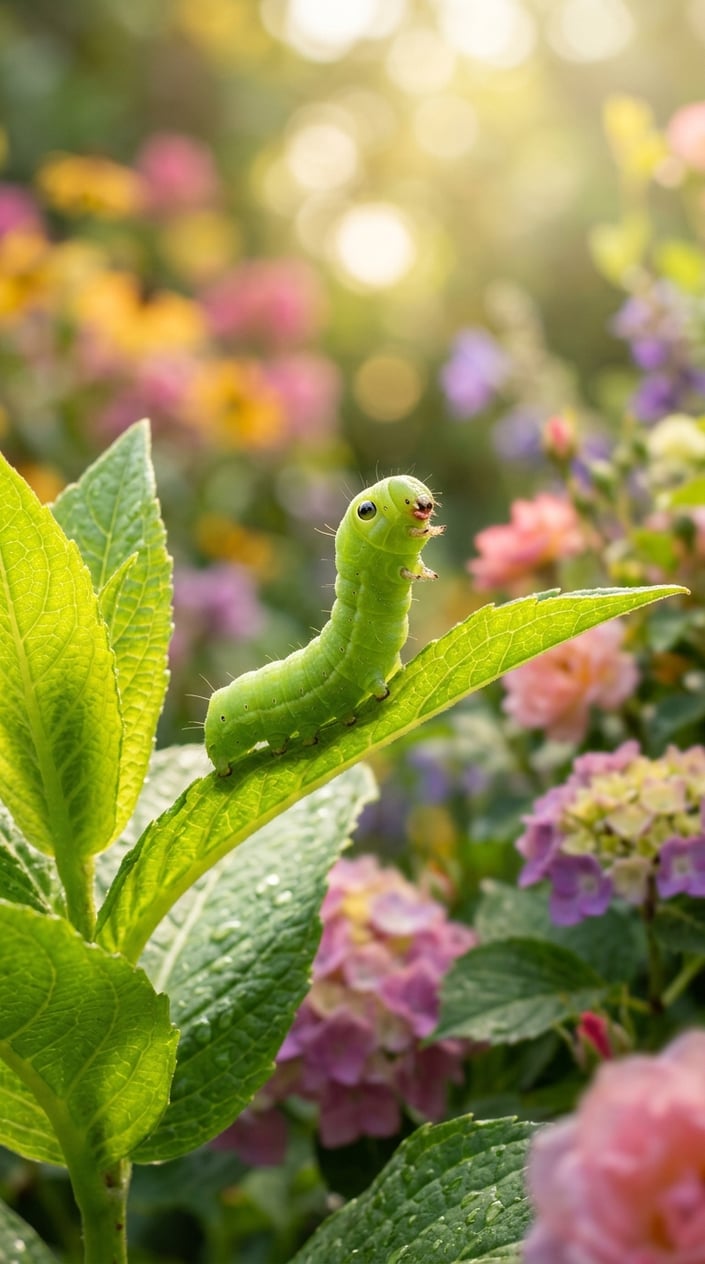 23 Short Moral Stories for Kids That Don't Hit Them Over the Head With a Lesson 19 A small green caterpillar on a leaf looking upwards in a bright garden with flowers and sunlight.