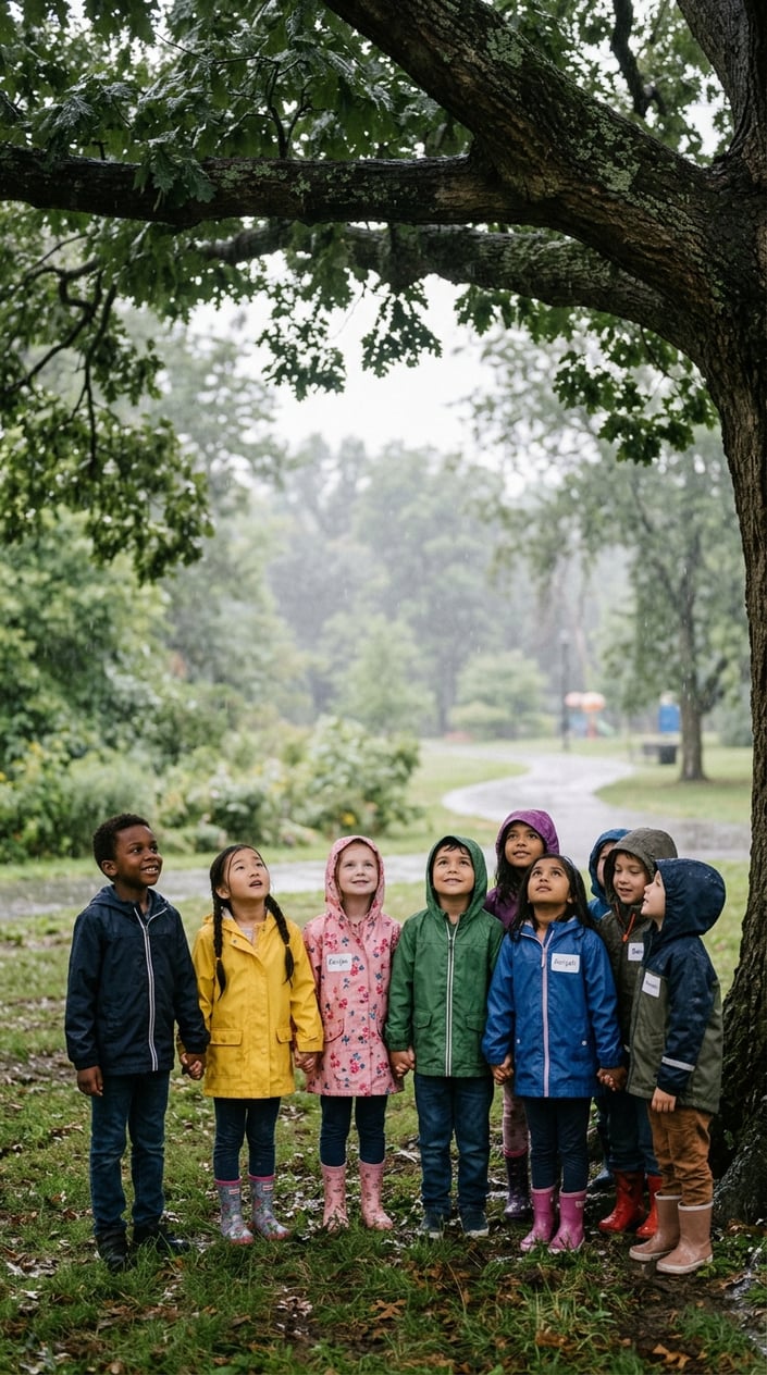 23 Short Moral Stories for Kids That Don't Hit Them Over the Head With a Lesson 20 A group of children standing together under a tree in light rain, looking up at the sky with calm and thoughtful expressions.