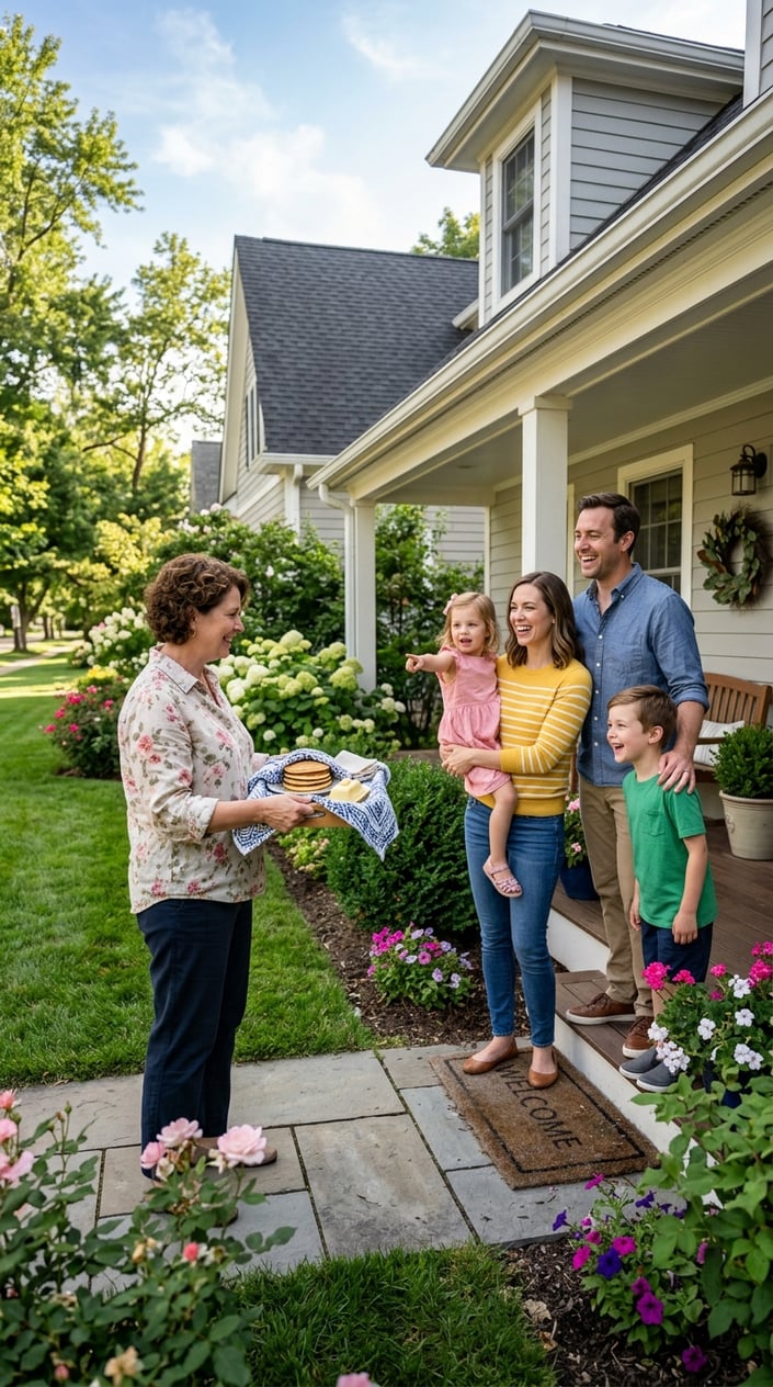 23 Short Moral Stories for Kids That Don't Hit Them Over the Head With a Lesson 21 A woman carrying hotcakes approaches a smiling family at their front door in a sunny neighborhood.