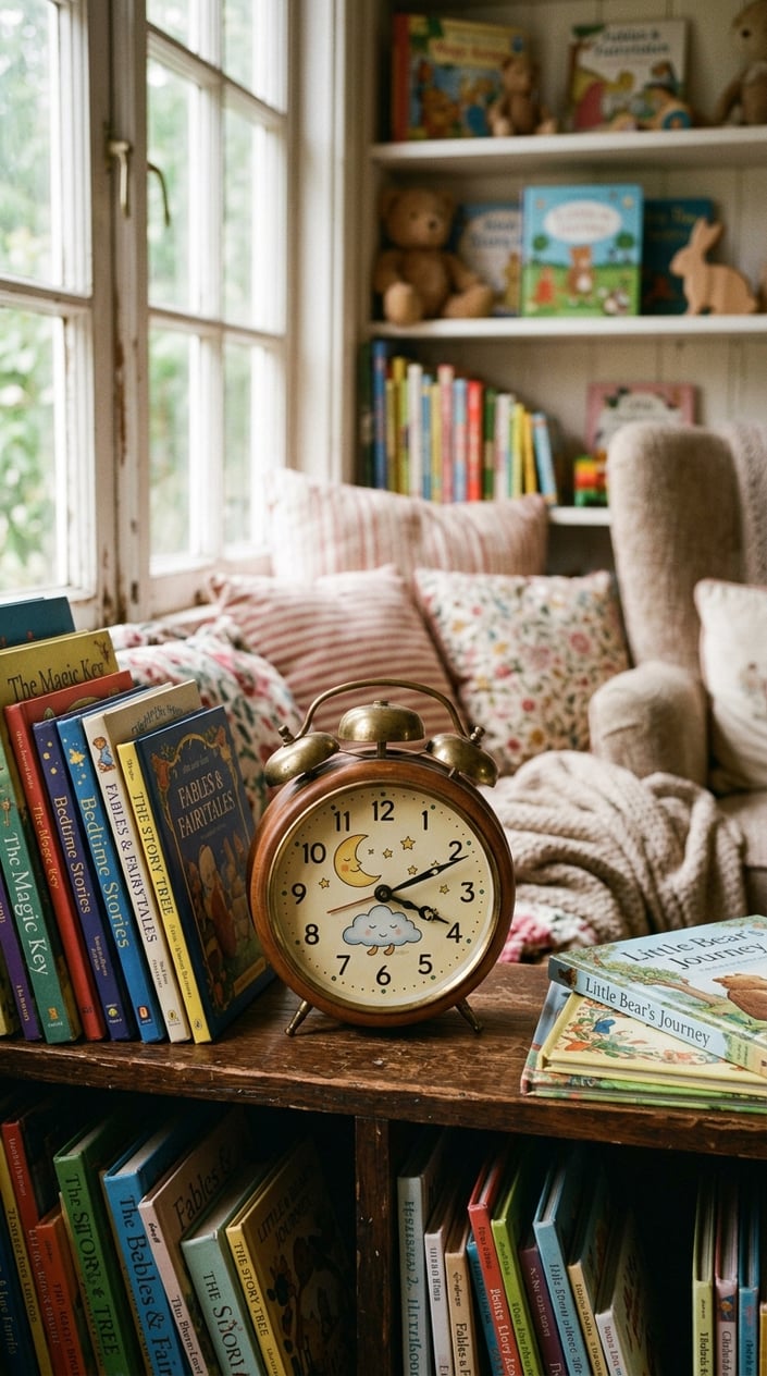 23 Short Moral Stories for Kids That Don't Hit Them Over the Head With a Lesson 22 A small vintage clock on a wooden table surrounded by children's storybooks in a cozy reading nook with soft natural light.