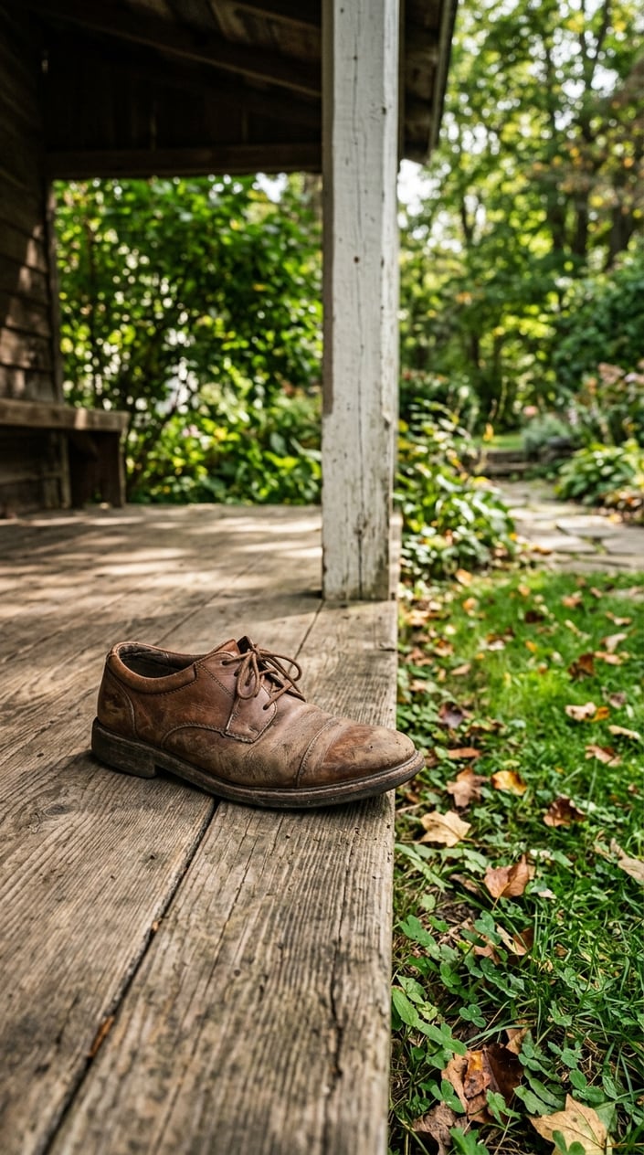 23 Short Moral Stories for Kids That Don't Hit Them Over the Head With a Lesson 23 A single worn shoe resting under a wooden porch with grass and leaves nearby.