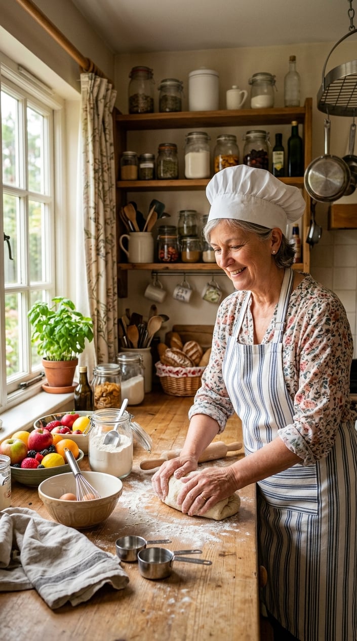 23 Short Moral Stories for Kids That Don't Hit Them Over the Head With a Lesson 24 A friendly baker kneading dough on a wooden countertop in a cozy kitchen with baking ingredients and shelves in the background.