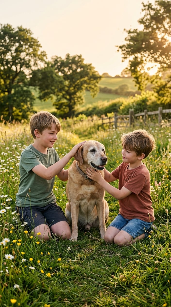 23 Short Moral Stories for Kids That Don't Hit Them Over the Head With a Lesson 25 Two young brothers sitting outdoors with an old dog between them, surrounded by grass and trees.