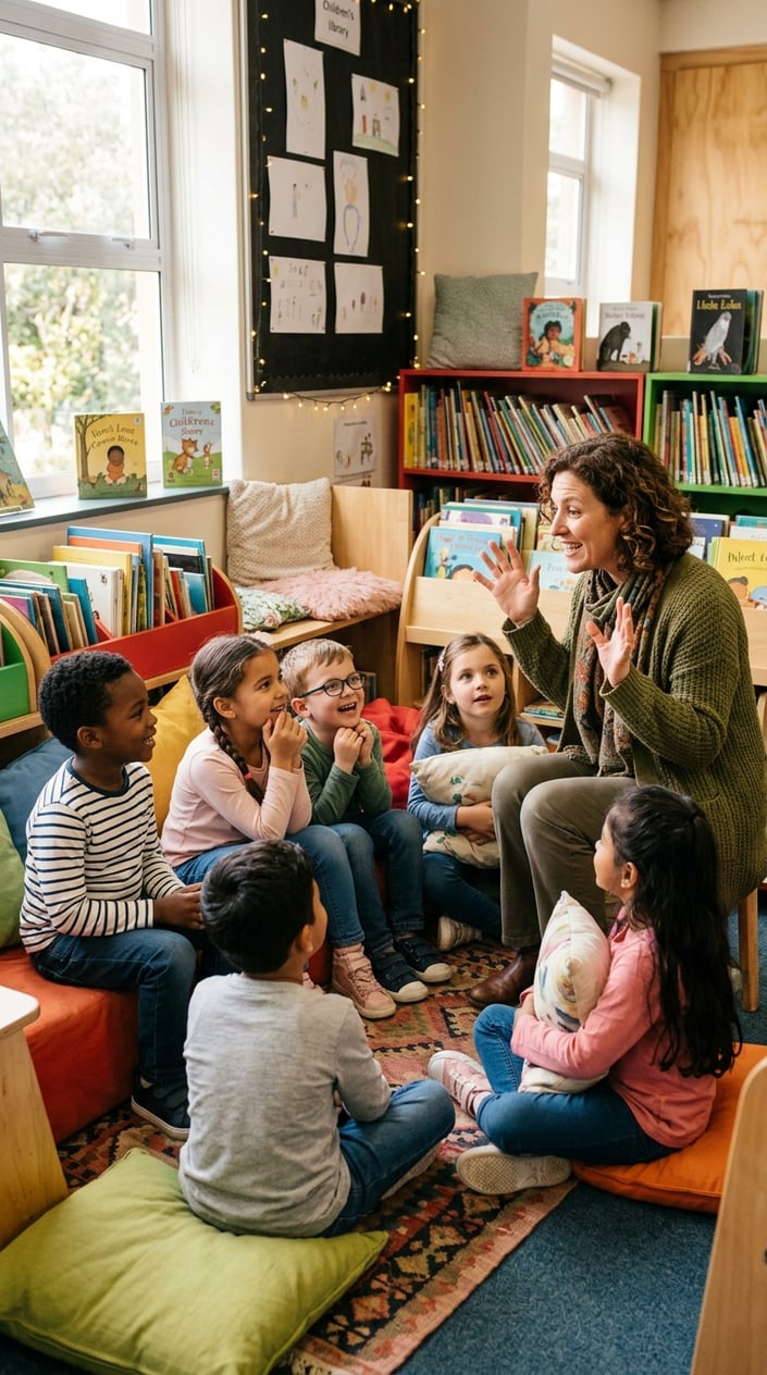 23 Short Moral Stories for Kids That Don't Hit Them Over the Head With a Lesson 26 A group of children sitting attentively around an adult who is telling them a story in a bright, cozy reading area.