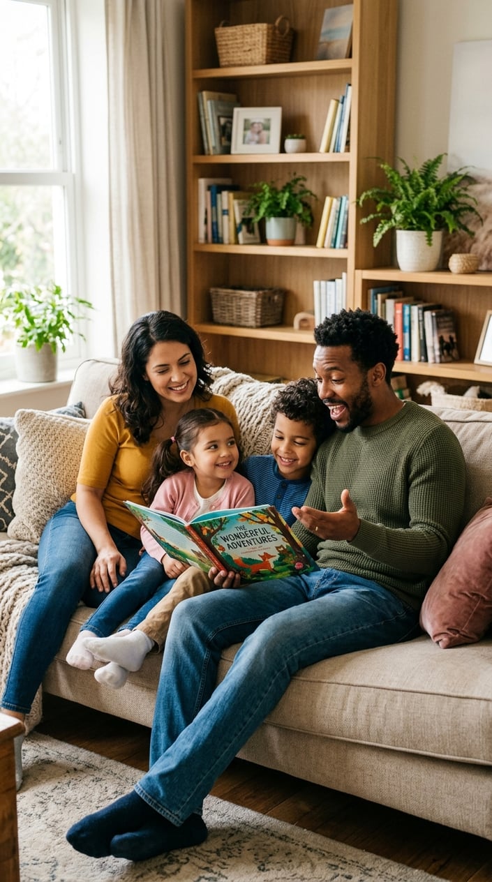 23 Short Moral Stories for Kids That Don't Hit Them Over the Head With a Lesson 27 A family of four sitting together on a sofa, with the father reading a book to the children who listen attentively in a cozy living room.