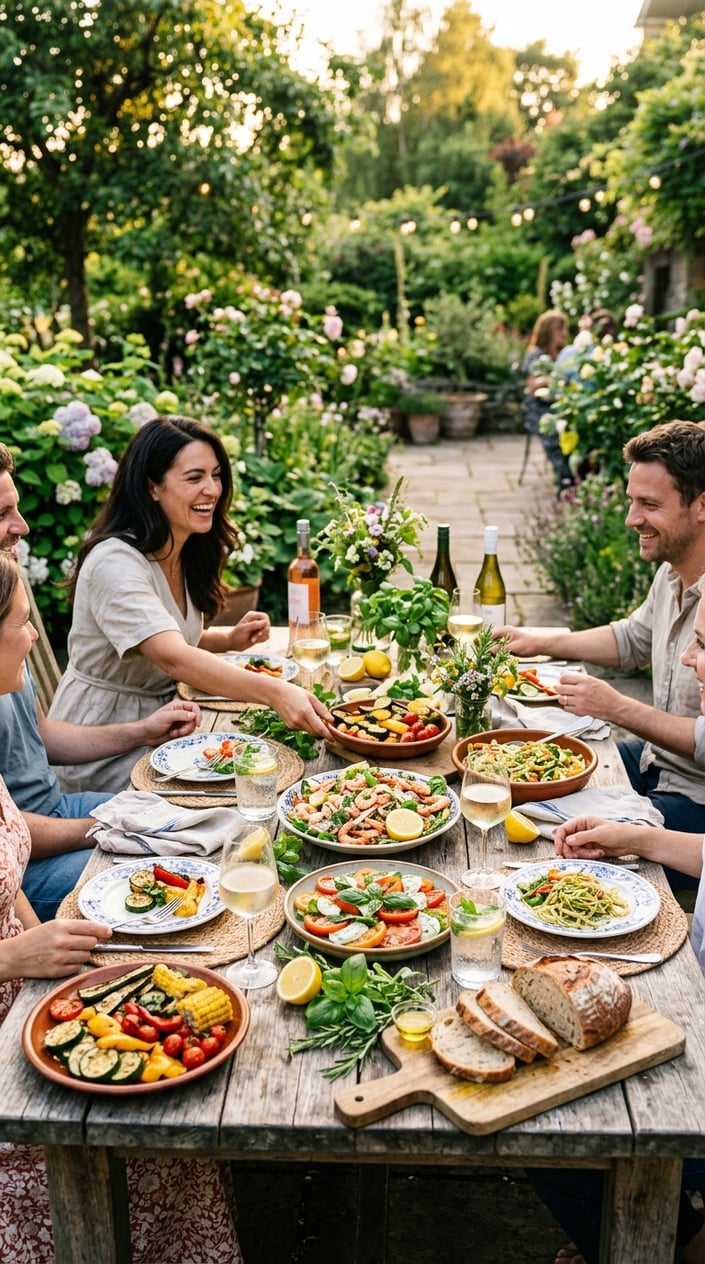 A wooden table outdoors set with various fresh summer dishes, drinks, and greenery in the background.