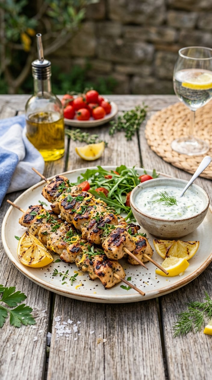 Grilled lemon-garlic chicken skewers on a wooden table with a bowl of tzatziki sauce and lemon wedges.