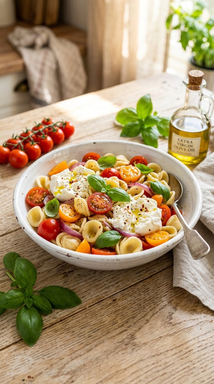 A bowl of Caprese pasta salad with cherry tomatoes, basil, and burrata cheese on a wooden table.