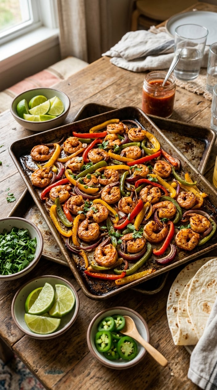 A sheet pan filled with cooked shrimp, colorful bell peppers, and onions on a wooden table with bowls of lime wedges, cilantro, and jalapeños nearby.