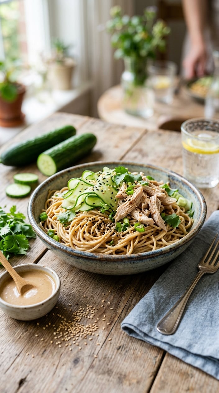 A bowl of cold sesame noodle salad with sliced cucumber and shredded rotisserie chicken on a wooden table with fresh ingredients around it.