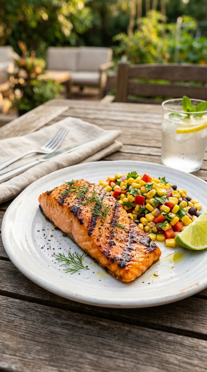 Grilled salmon fillet with citrus marinade served with corn salsa on a plate on a wooden table.