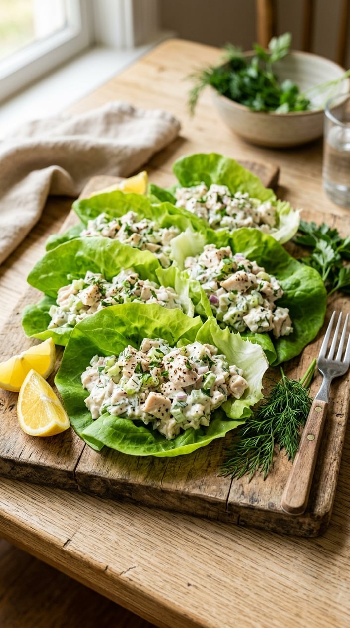 Lettuce wraps filled with creamy Greek yogurt chicken salad on a wooden platter with lemon wedges and fresh herbs.
