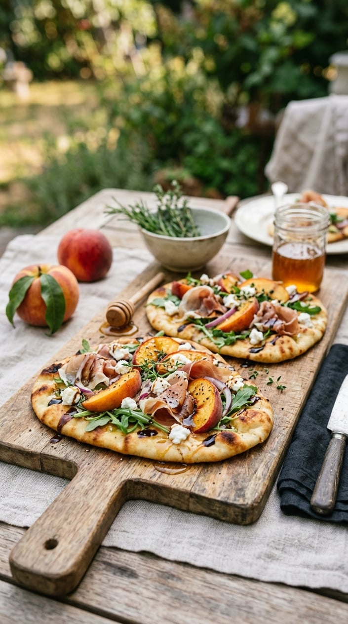 Flatbreads topped with peach slices, prosciutto, and arugula on naan bread arranged on a wooden board with fresh peaches and herbs nearby.