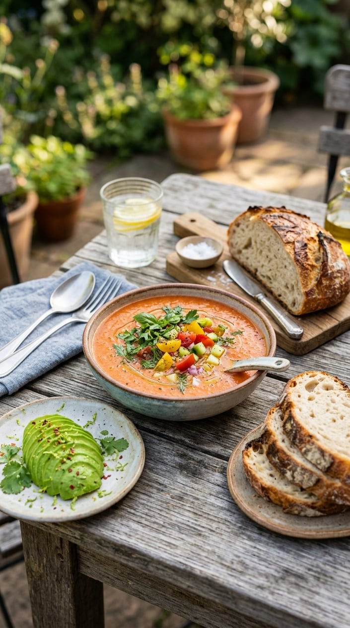 A bowl of gazpacho soup with crusty bread slices and sliced avocado on a wooden table.