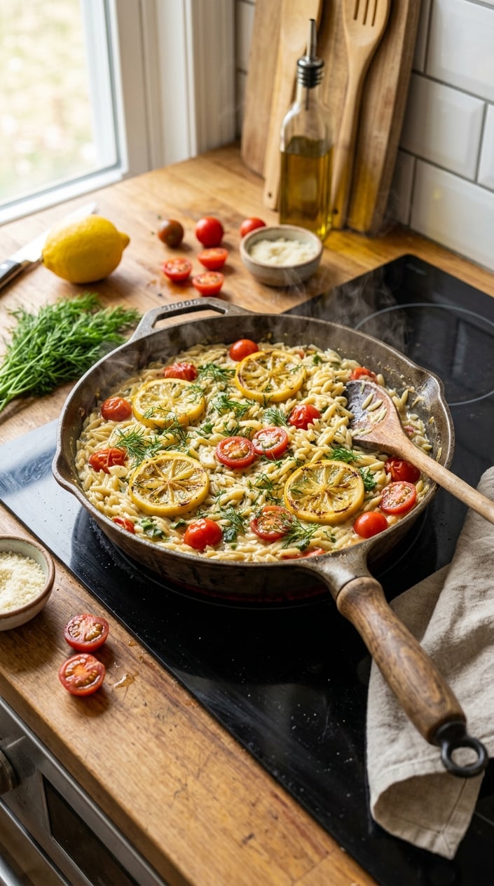 A skillet on a stovetop filled with lemon-dill orzo pasta and cherry tomatoes, with fresh ingredients around it on a kitchen counter.