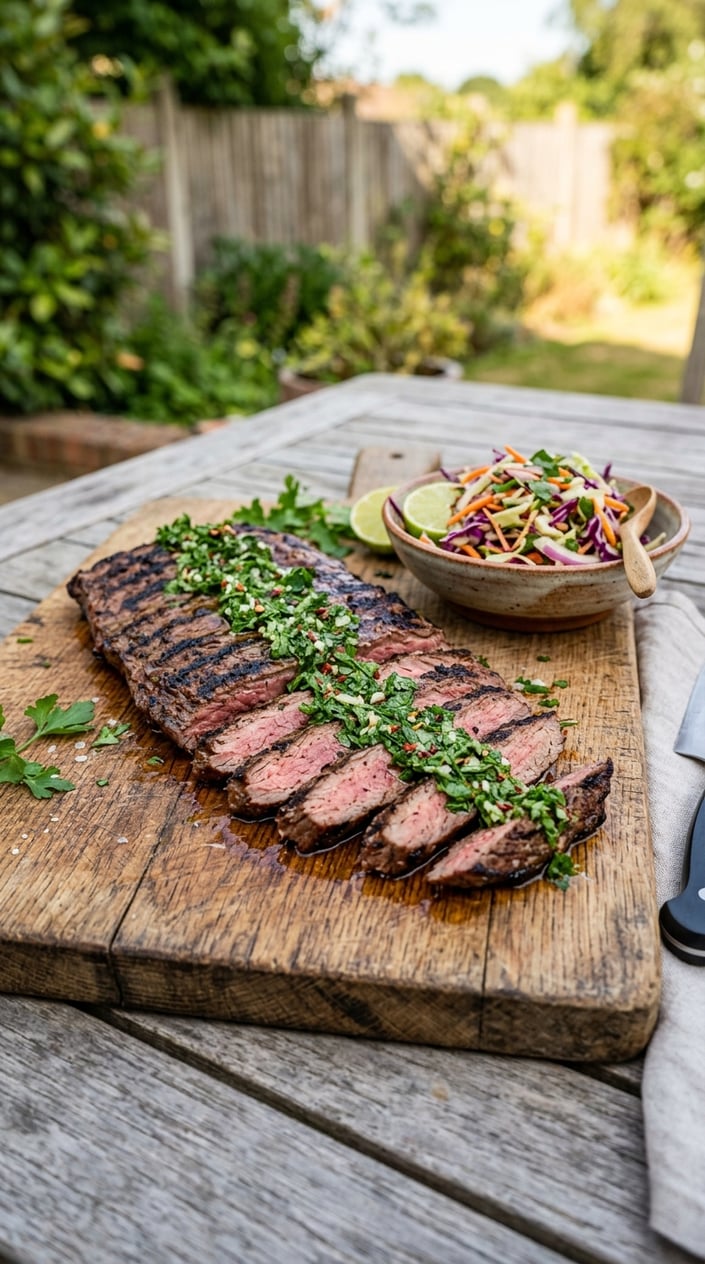 Grilled skirt steak topped with chimichurri sauce served alongside a simple cabbage and carrot slaw on a wooden board.