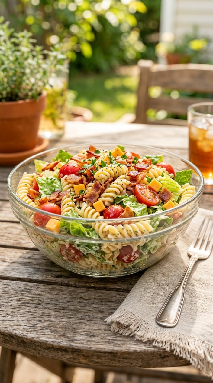 A bowl of BLT pasta salad with bacon, cherry tomatoes, lettuce, and creamy dressing on a wooden table.