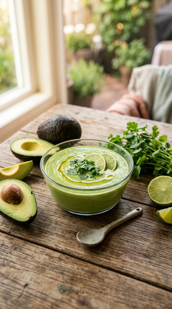 A bowl of chilled avocado-cilantro soup garnished with cilantro and lime wedges on a wooden table with fresh avocados, cilantro, and limes around it.