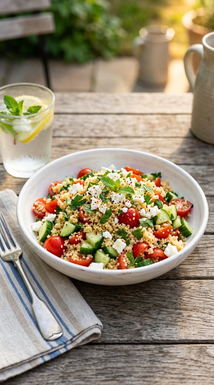 A bowl of tomato, cucumber, and feta couscous salad on a wooden table with fresh herbs and a glass of iced water nearby.