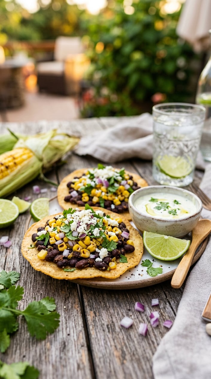 Close-up of black bean and corn tostadas topped with fresh ingredients and a bowl of lime crema on a wooden table.