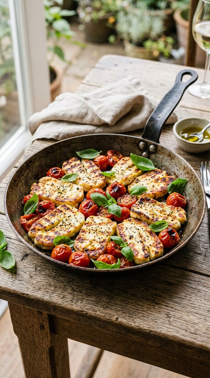 A skillet with grilled halloumi cheese, cherry tomatoes, and fresh basil on a wooden table.