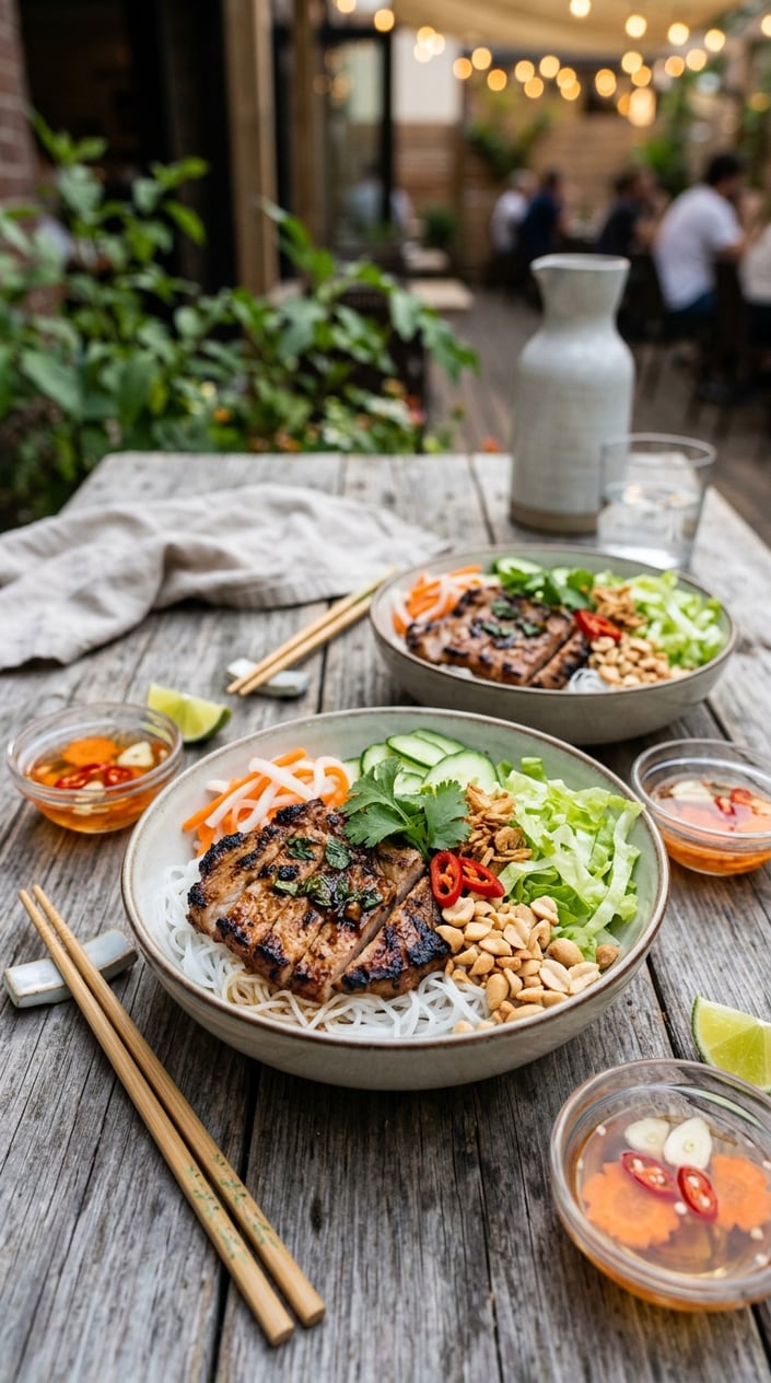 Two bowls of cold Vietnamese rice noodles with grilled pork chops, fresh herbs, and vegetables on a wooden table with dipping sauce and lime wedges.