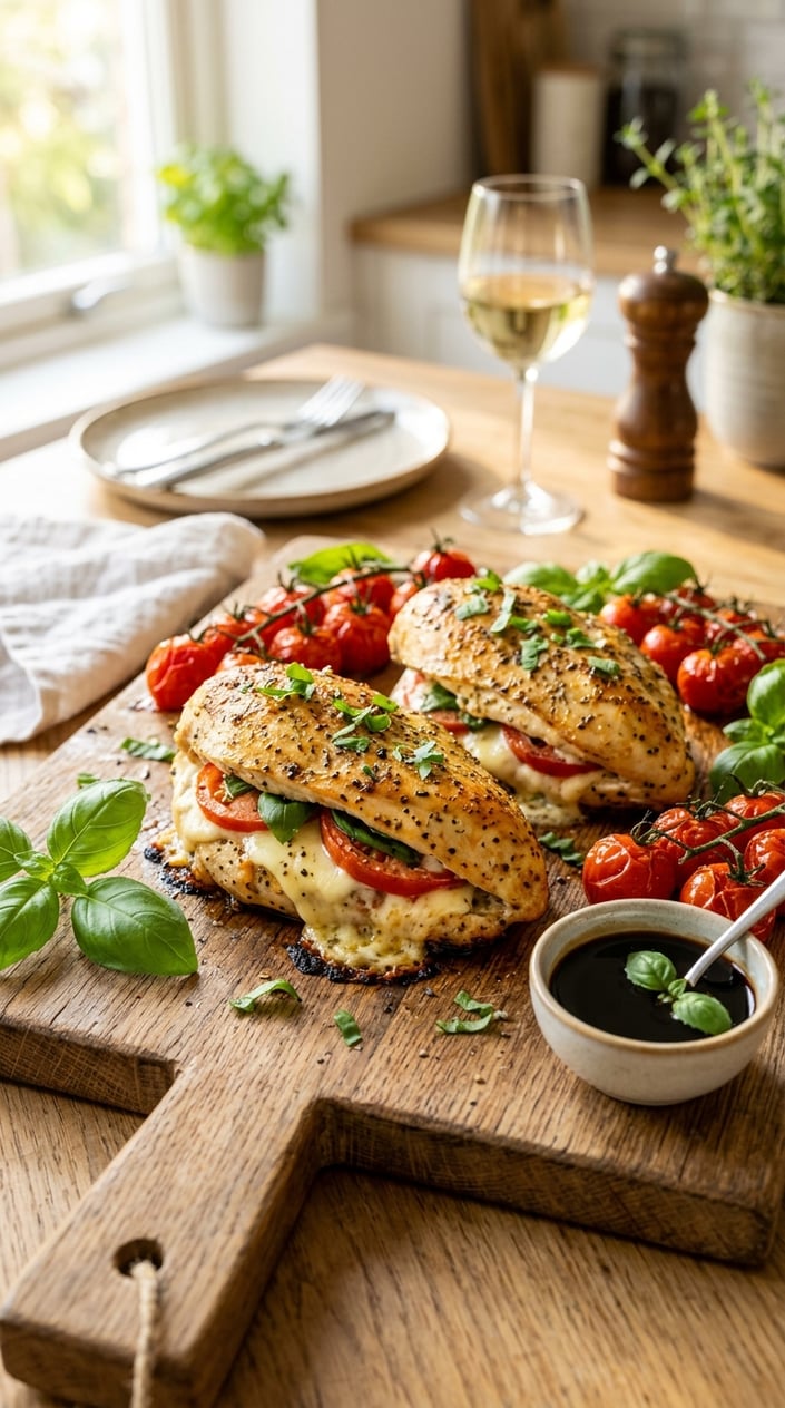 Baked chicken breasts stuffed with mozzarella, tomato, and basil served on a wooden board with cherry tomatoes and basil.