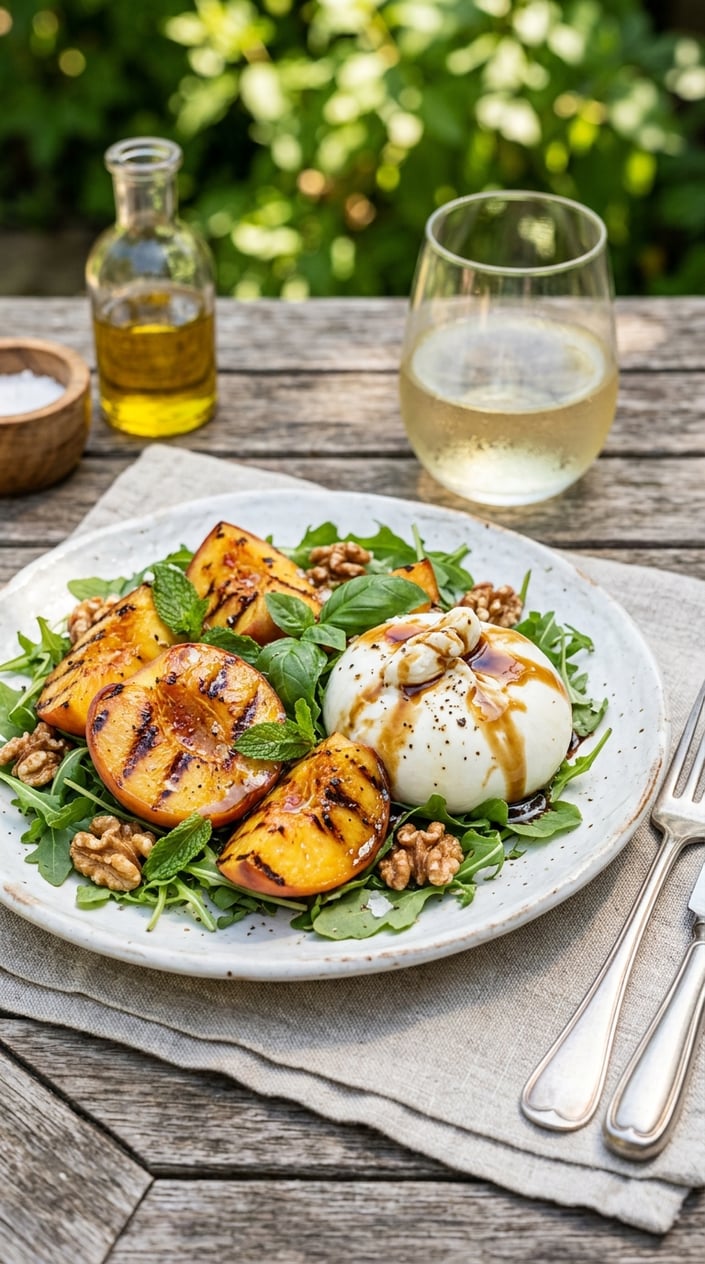 A plate of grilled peach and burrata salad with honey-balsamic dressing on a rustic table with summer sunlight.