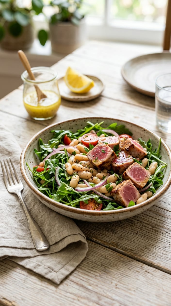 A bowl of tuna, white bean, and arugula salad with lemon vinaigrette on a wooden table, accompanied by a lemon wedge and a small jar of dressing.