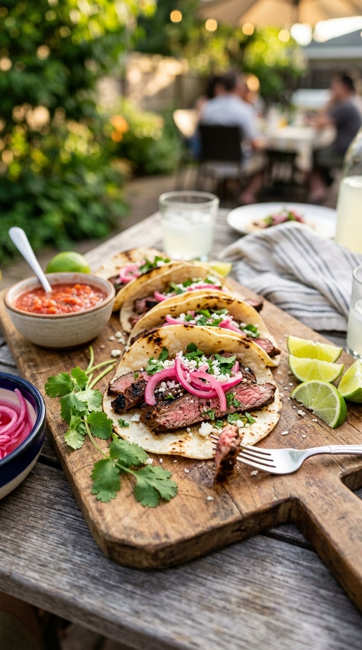 A plate of flank steak tacos topped with pickled onions, garnished with cilantro and lime wedges on a wooden platter.
