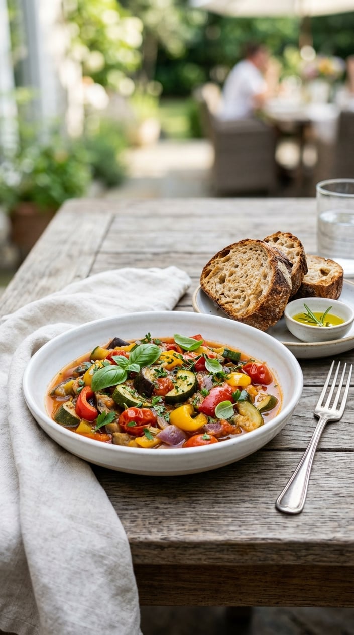A bowl of colorful summer ratatouille with slices of crusty bread on a wooden table.