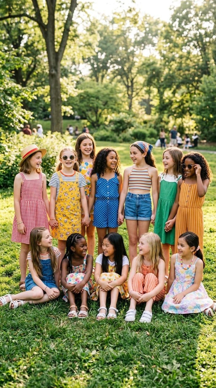 A group of 15 young girls wearing colorful summer clothes standing and sitting outdoors in a sunny park.
