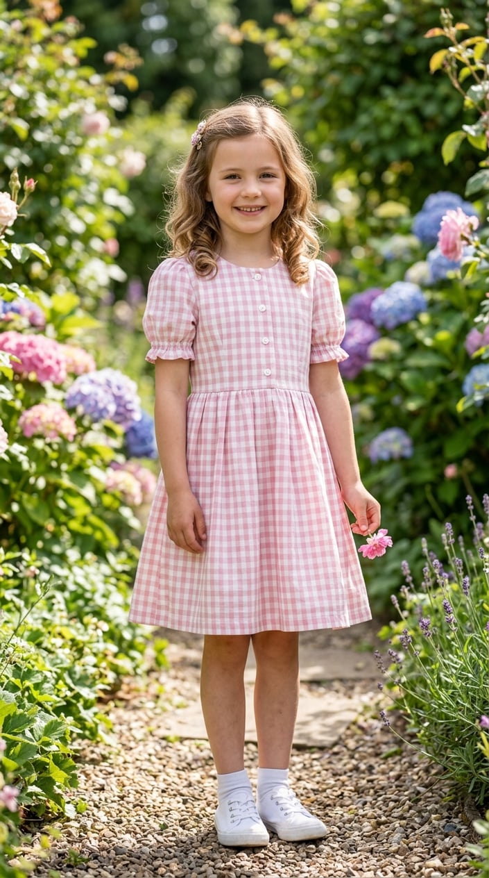 A young girl standing outdoors wearing a gingham sundress with puff sleeves, surrounded by greenery and flowers.
