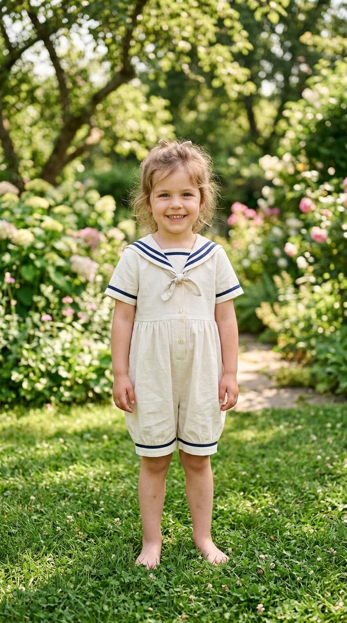 A young girl stands barefoot on grass outdoors wearing a white romper with a sailor collar, smiling gently in natural sunlight.