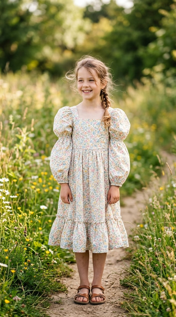A young girl standing outdoors wearing a floral puff-sleeve dress on a sunny day.