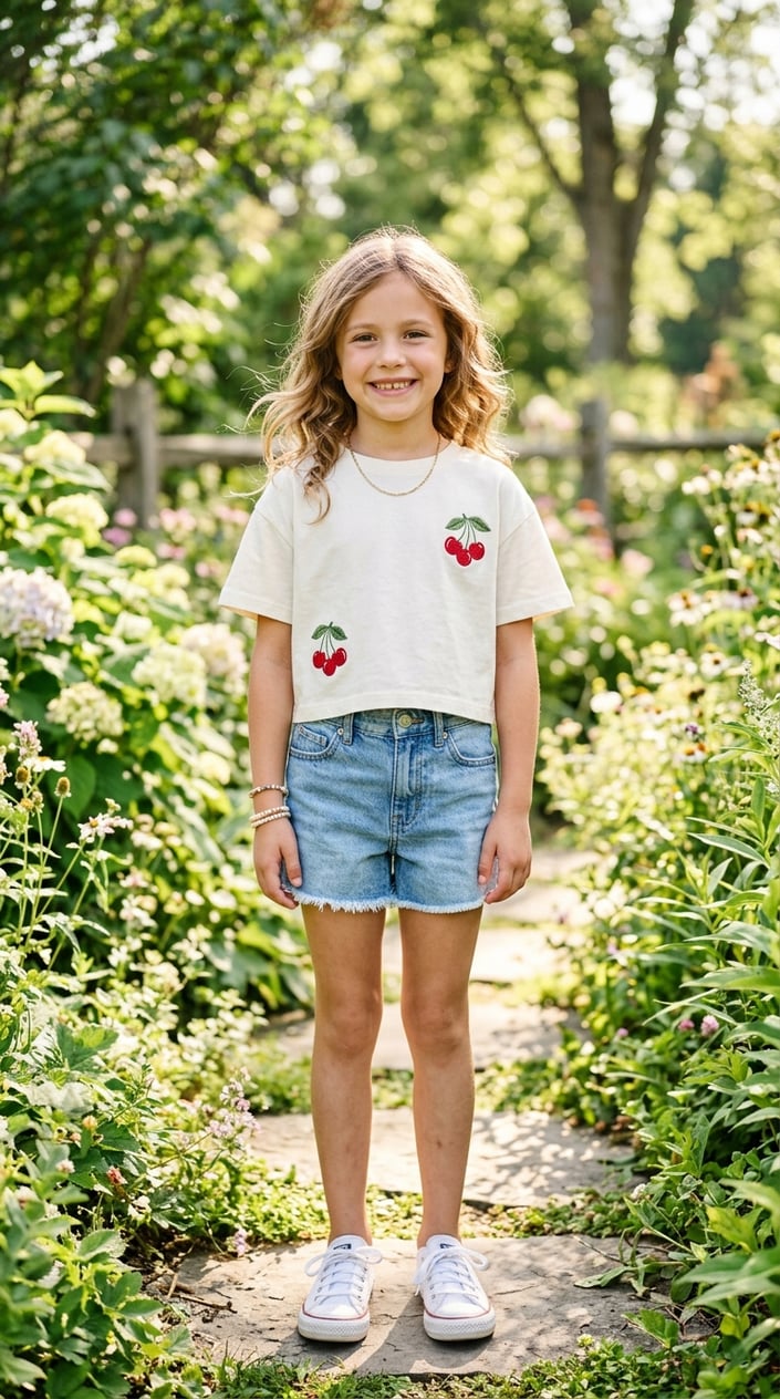 A young girl wearing a cropped tee with embroidered cherries and denim shorts standing outside on a sunny day.