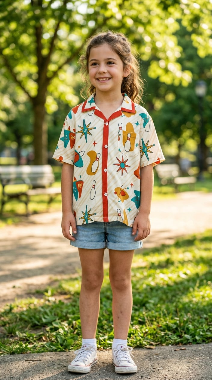 A young girl standing outdoors in a colorful retro bowling shirt and denim shorts on a sunny summer day.