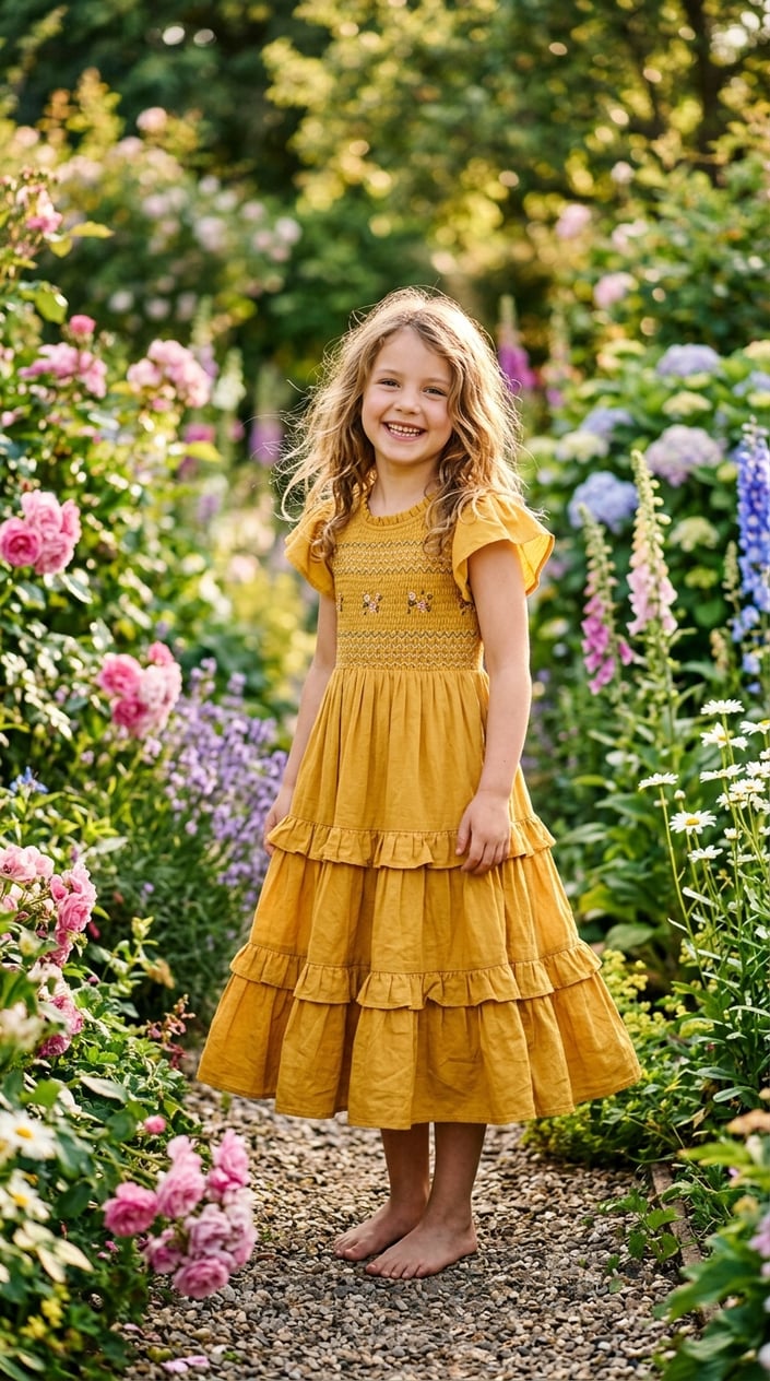 A young girl wearing a yellow tiered dress standing in a garden with flowers and greenery.