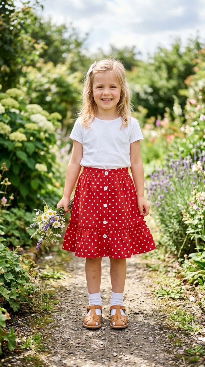 A young girl standing outdoors wearing a polka-dot skirt with buttons and ruffles.