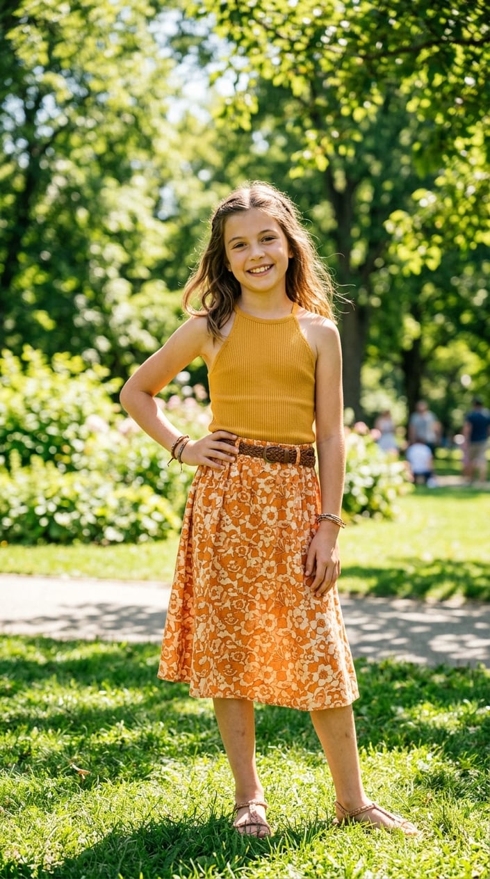 A young girl standing outdoors in a park wearing a halter top and A-line skirt, smiling and posing confidently.