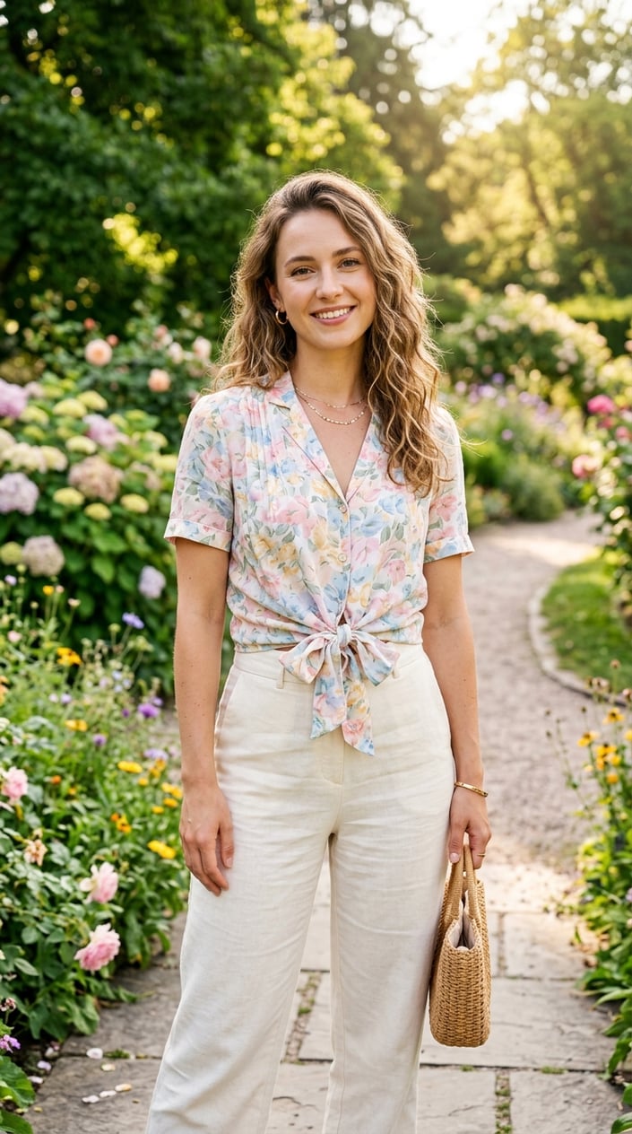 A young woman outdoors wearing a short-sleeve tie-front blouse, smiling with green plants and flowers in the background.
