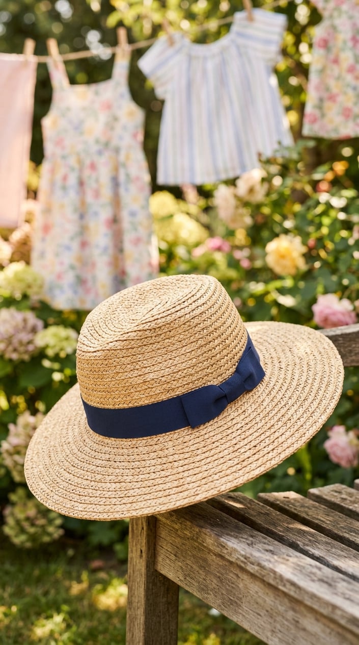 Close-up of a wide-brim straw hat with a grosgrain band resting outdoors on a summer day.