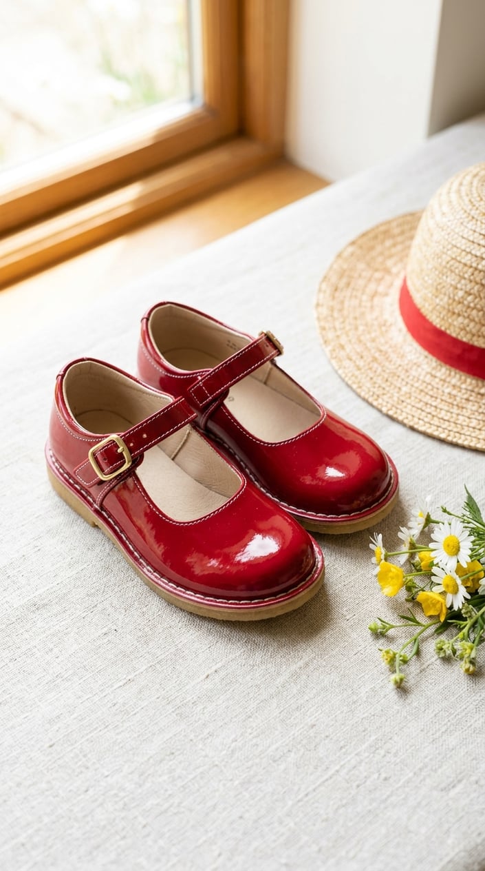 A pair of shiny patent leather Mary Jane sandals on a light background with soft natural lighting.